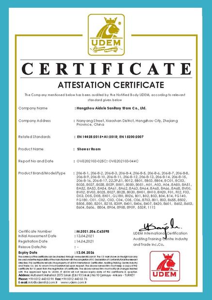 TRUNG QUỐC Hangzhou Aidele Sanitary Ware Co., Ltd. Chứng chỉ